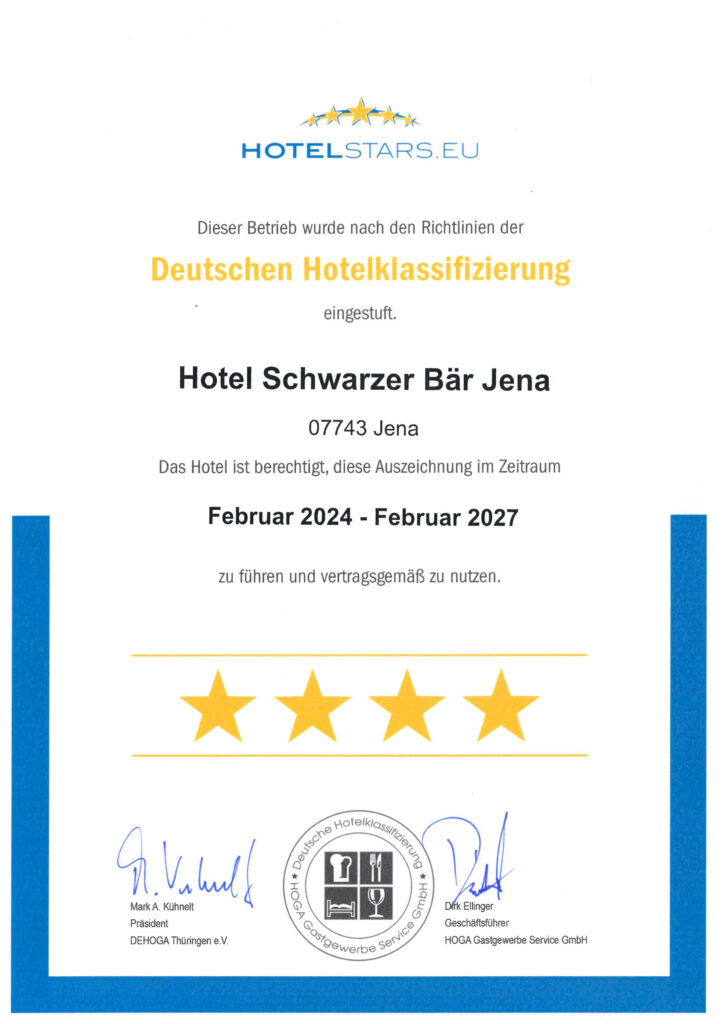 Deutsche Hotelklassifizierung 4 Sterne für das Hotel Schwarzer Bär